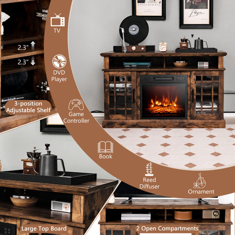 48 Inch Wooden TV Stand Console Table with 1400W Electric Fireplace and Open Storage
