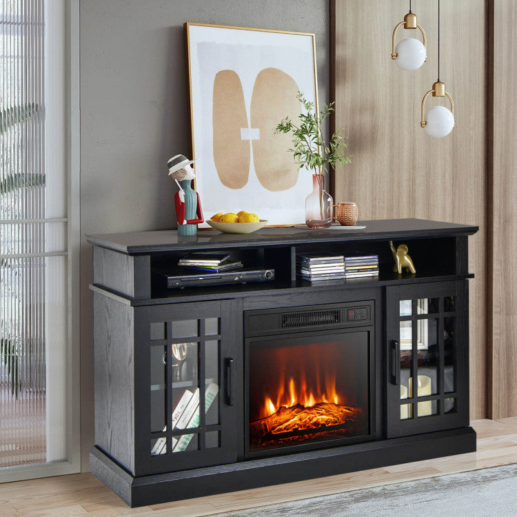 48 Inch Wooden TV Stand Console Table with 1400W Electric Fireplace and Open Storage