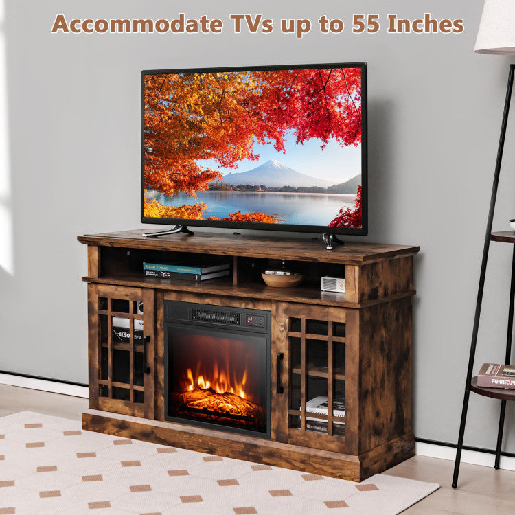 48 Inch Wooden TV Stand Console Table with 1400W Electric Fireplace and Open Storage