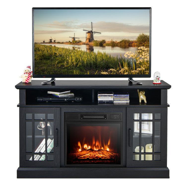 48 Inch Wooden TV Stand Console Table with 1400W Electric Fireplace and Open Storage