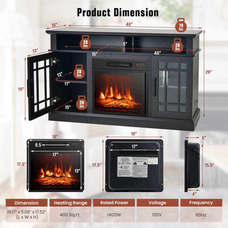 48 Inch Wooden TV Stand Console Table with 1400W Electric Fireplace and Open Storage