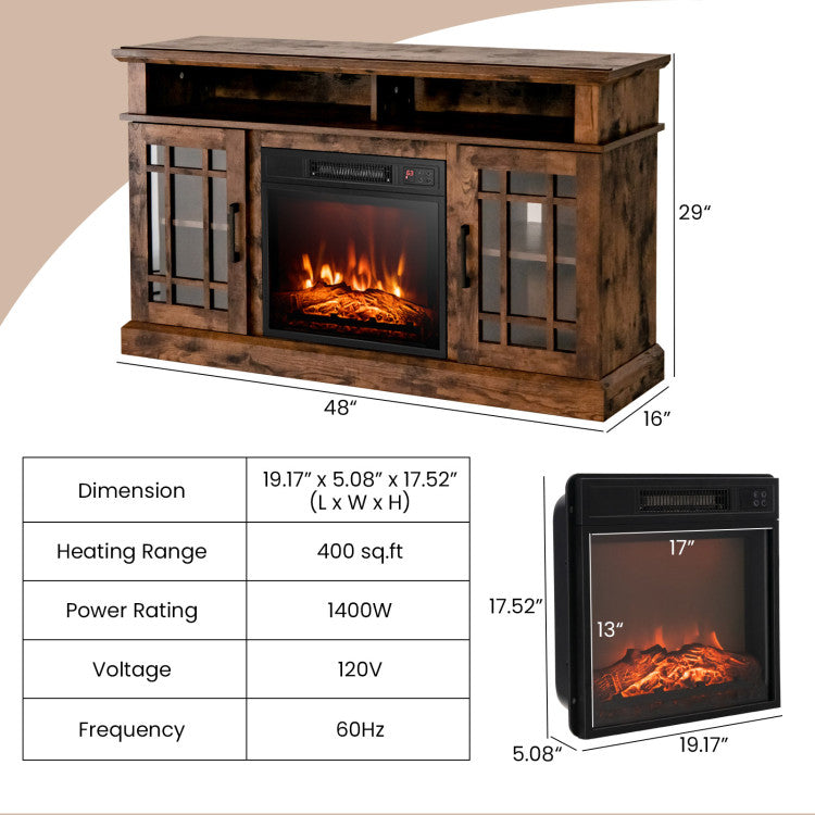 48 Inch Wooden TV Stand Console Table with 1400W Electric Fireplace and Open Storage
