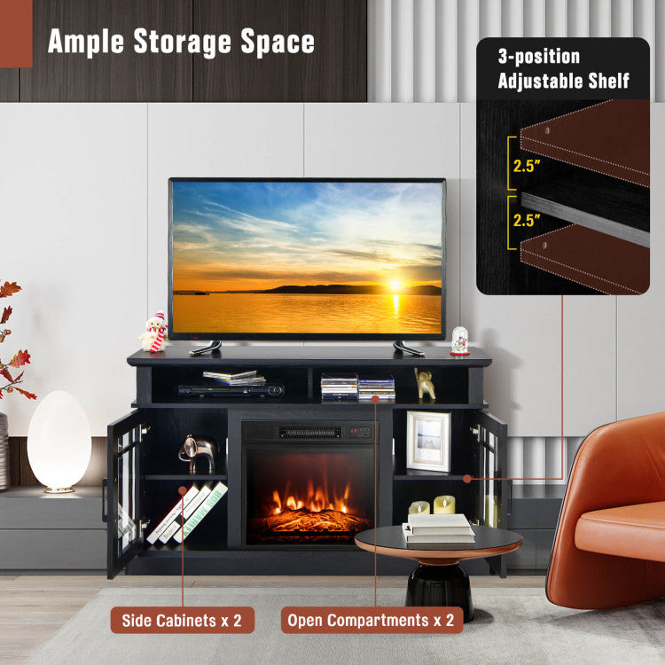 48 Inch Wooden TV Stand Console Table with 1400W Electric Fireplace and Open Storage