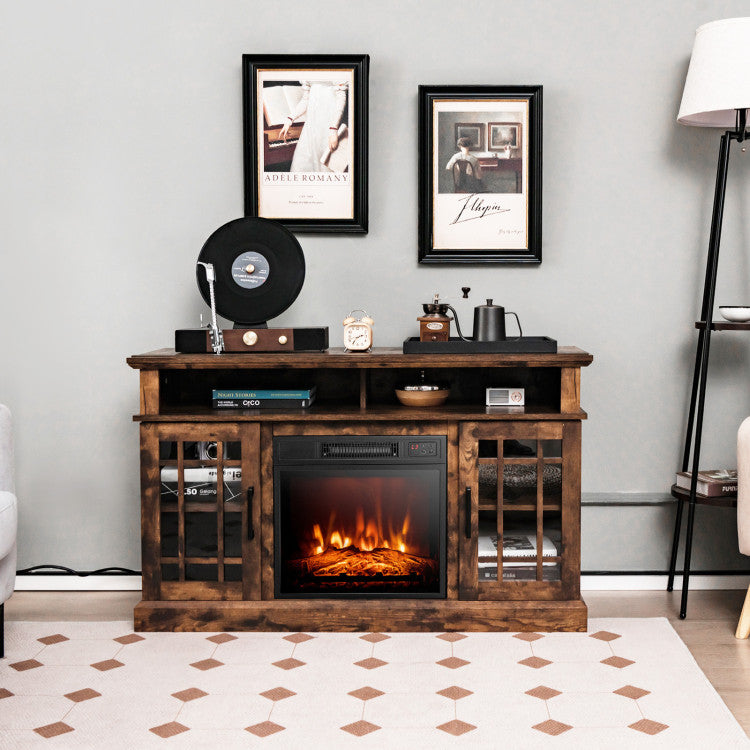 48 Inch Wooden TV Stand Console Table with 1400W Electric Fireplace and Open Storage