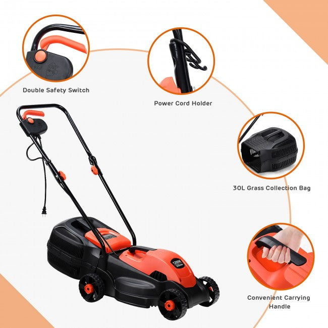 14" 12 Amp Folding Corded Electric Push Lawn Mower with Grass Bag