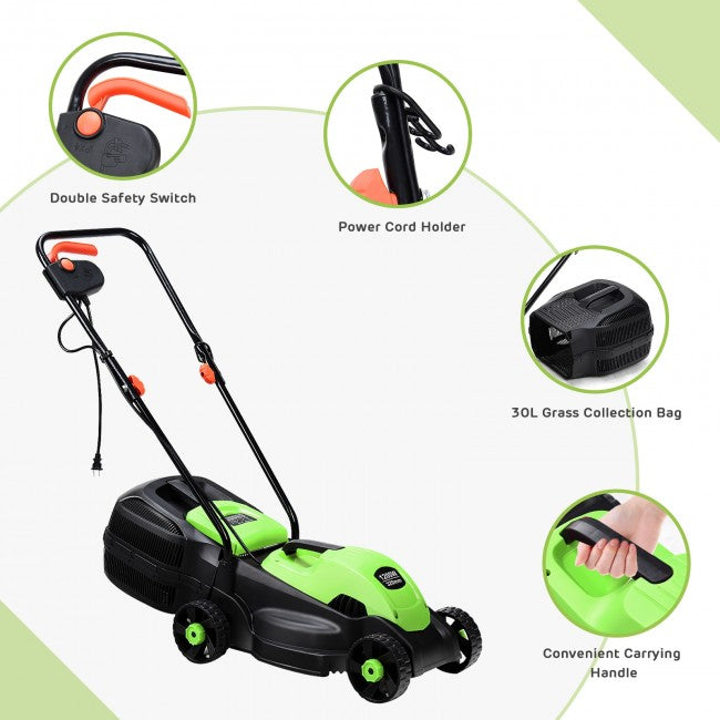 14" 12 Amp Folding Corded Electric Push Lawn Mower with Grass Bag
