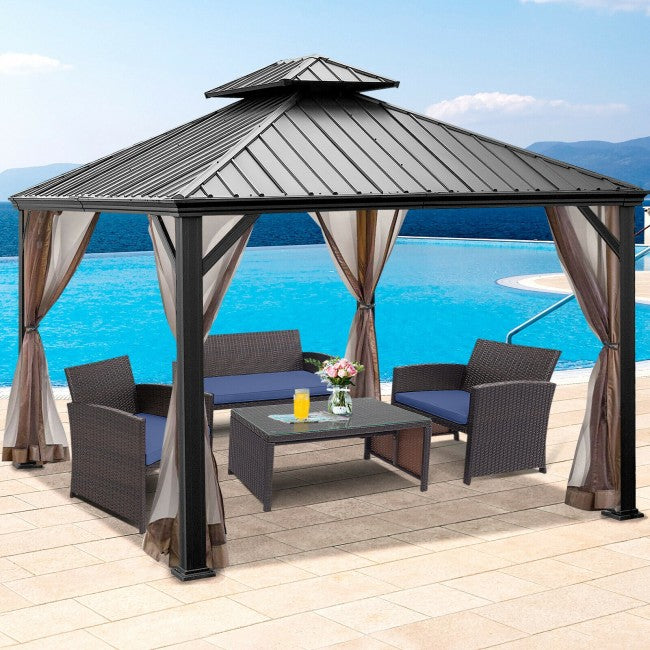 12' x 10' Outdoor Hardtop Gazebo Patio Galvanized Steel Pergolas Canopy Pavilion with Double Roof and Netting