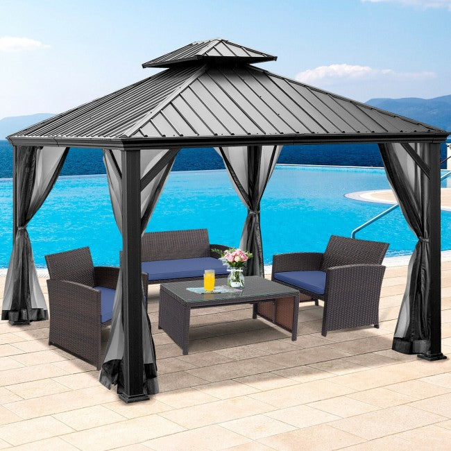12' x 10' Outdoor Hardtop Gazebo Patio Galvanized Steel Pergolas Canopy Pavilion with Double Roof and Netting