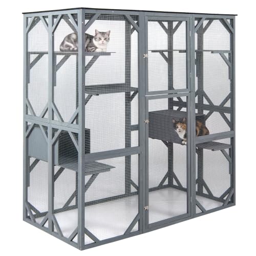 Large Fir Wood Outdoor Cat Enclosure, Walk-in Cat House w/2 Napping Houses & 3 Platforms for x Cats