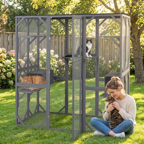 Large Fir Wood Outdoor Cat Enclosure, Walk-in Cat House w/2 Napping Houses & 3 Platforms for x Cats