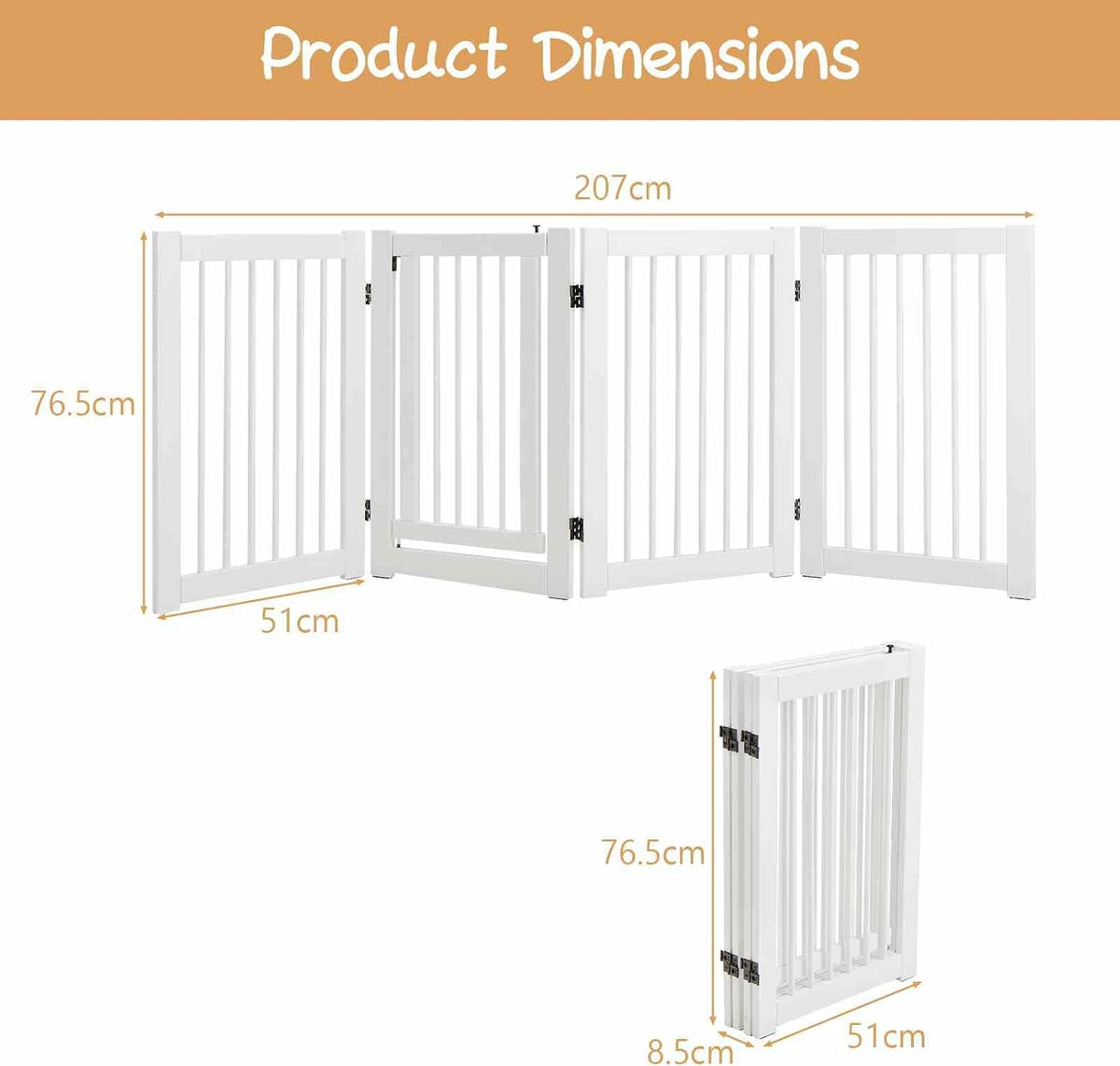 207 x 77 cm Freestanding Pet Gate, 4 Panel Retractable Wooden Folding Dog Fence w/Walk Through Door