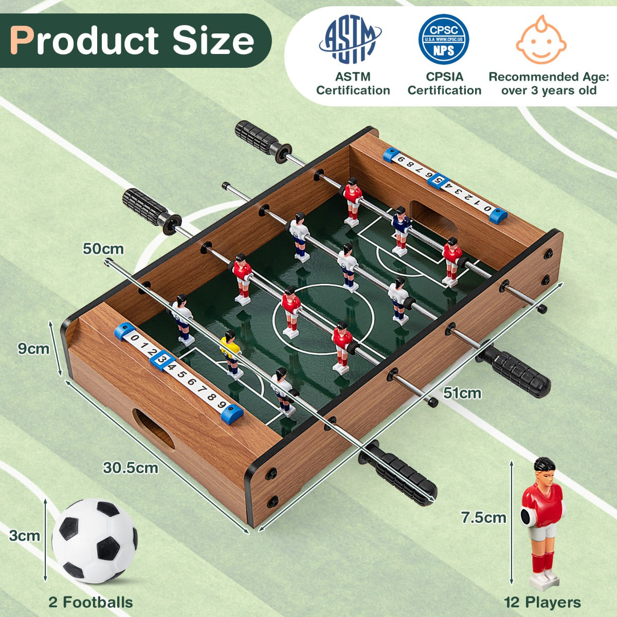 51cm Foosball Table with 2 Balls and 12 Players-Brown