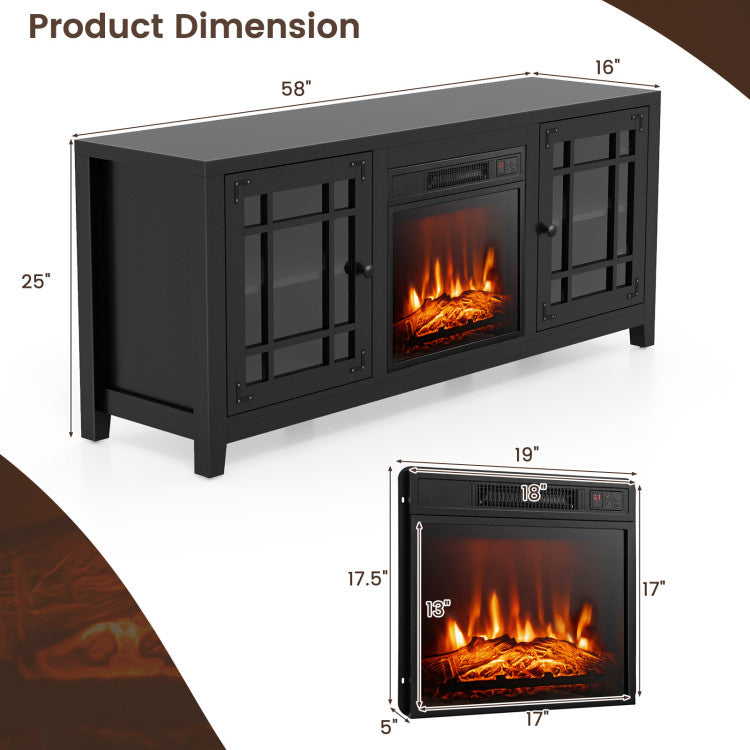 58 Inches Fireplace TV Stand Entertainment Center with 18” Electric Fireplace and Adjustable Shelves for TVs up to 65 Inch