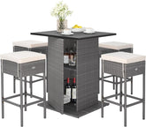 5 Pieces Outdoor Rattan Furniture Set Patio Wicker Bar Table Set Conversation Sets with Hidden Storage Shelves