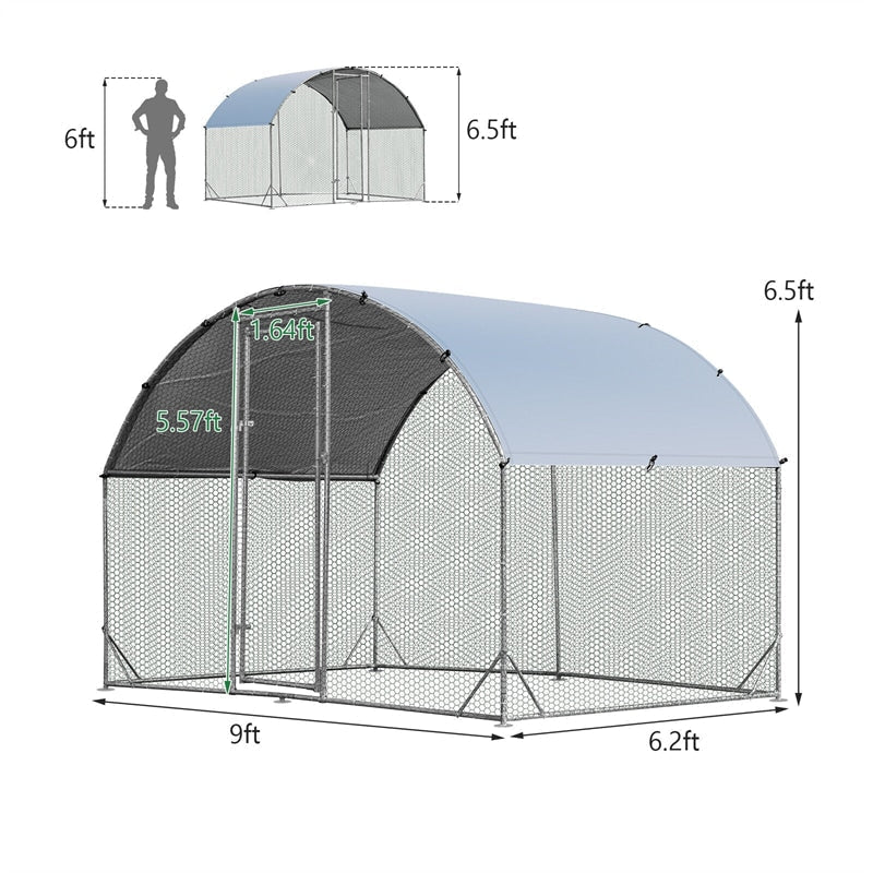 6.2ft Outdoor Metal Chicken Coop Hen Run House Galvanized Walk-in Dome Cage with Protective Cover