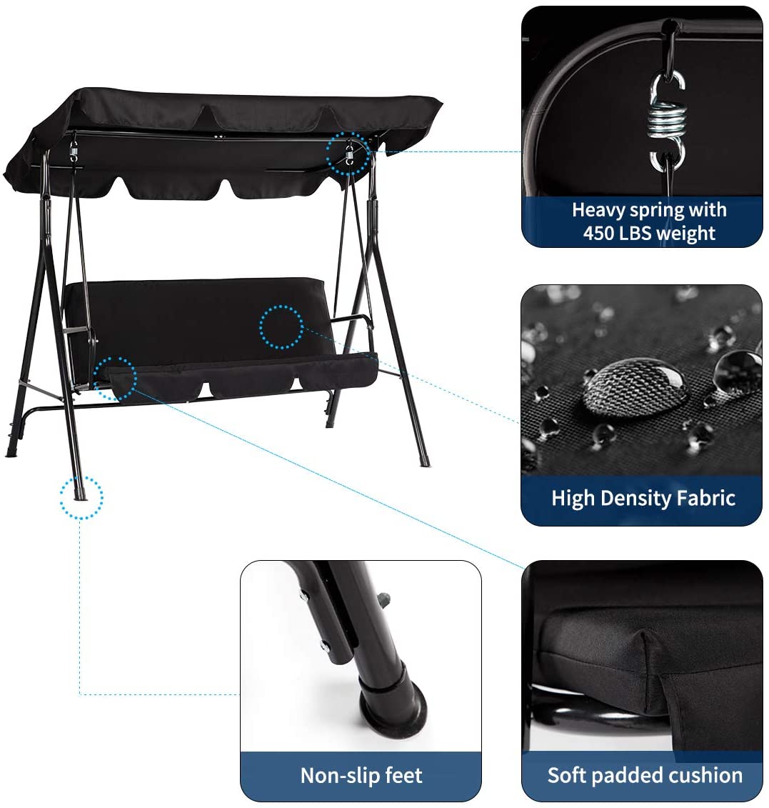3 Seat Outdoor Patio Swing Chair Canopy Swing with Cushion and Steel Frame