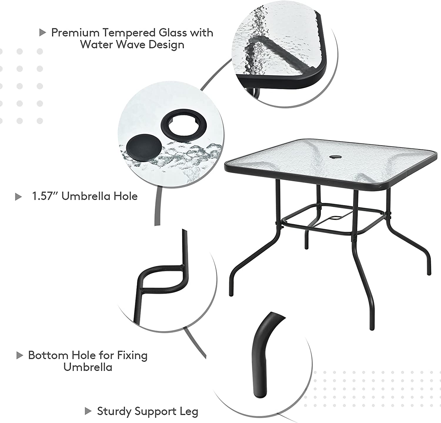 6 Pieces Outdoor Dining Table Set Patio Furniture Set with Umbrella and Tempered Glass Table