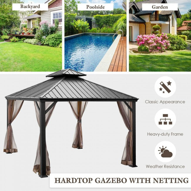 12' x 10' Outdoor Hardtop Gazebo Patio Galvanized Steel Pergolas Canopy Pavilion with Double Roof and Netting