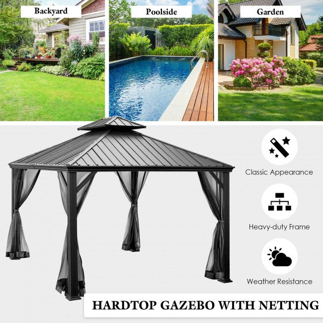 12' x 10' Outdoor Hardtop Gazebo Patio Galvanized Steel Pergolas Canopy Pavilion with Double Roof and Netting