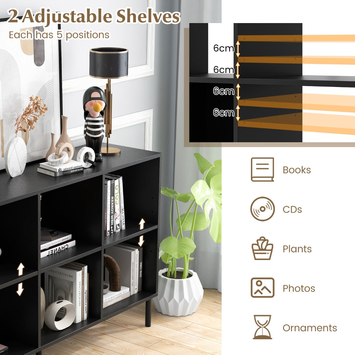 6-Cube Wooden Open Bookshelf with 5 Metal Legs