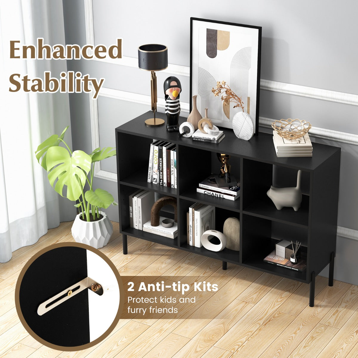 6-Cube Wooden Open Bookshelf with 5 Metal Legs