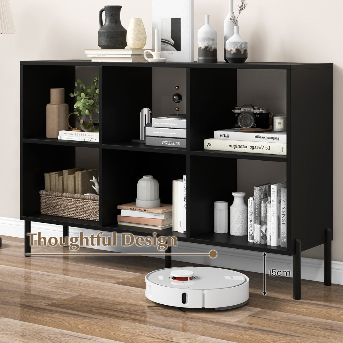6-Cube Wooden Open Bookshelf with 5 Metal Legs