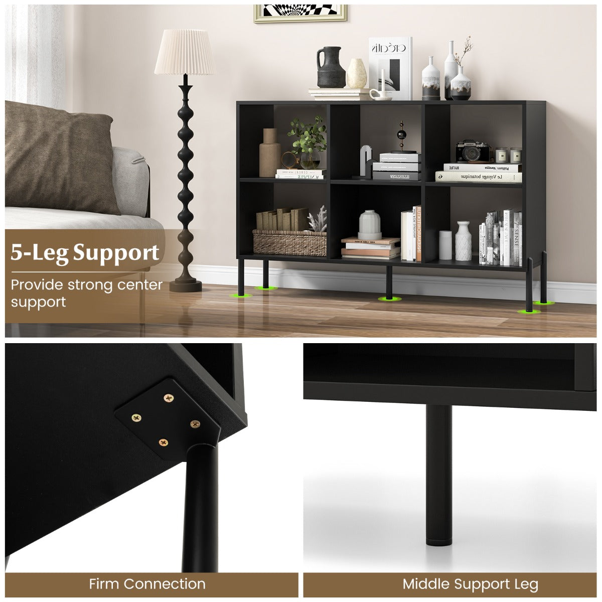 6-Cube Wooden Open Bookshelf with 5 Metal Legs