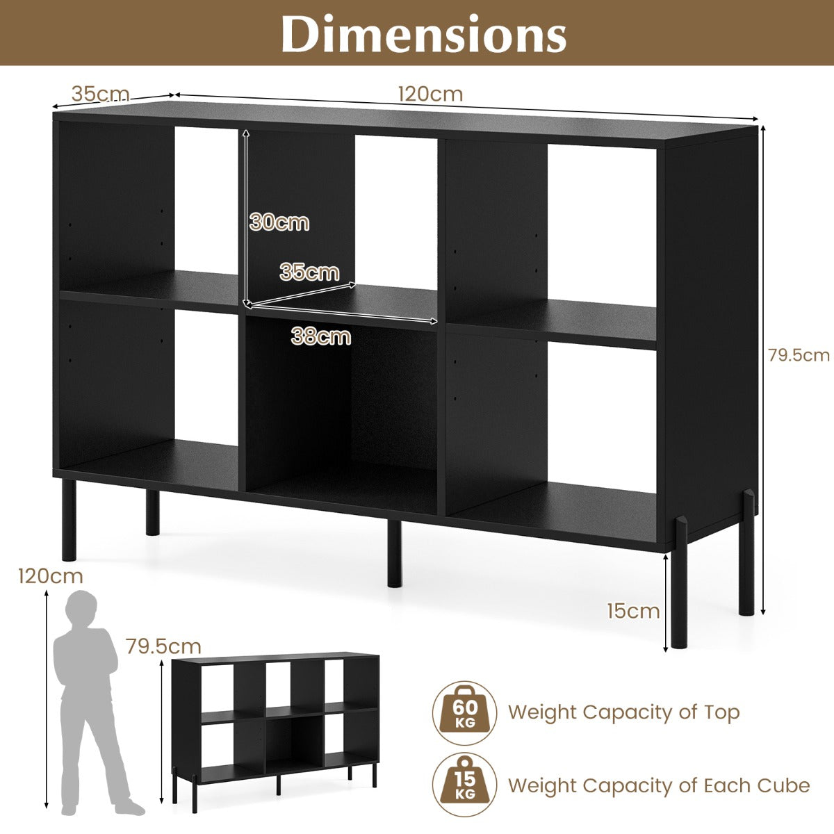6-Cube Wooden Open Bookshelf with 5 Metal Legs