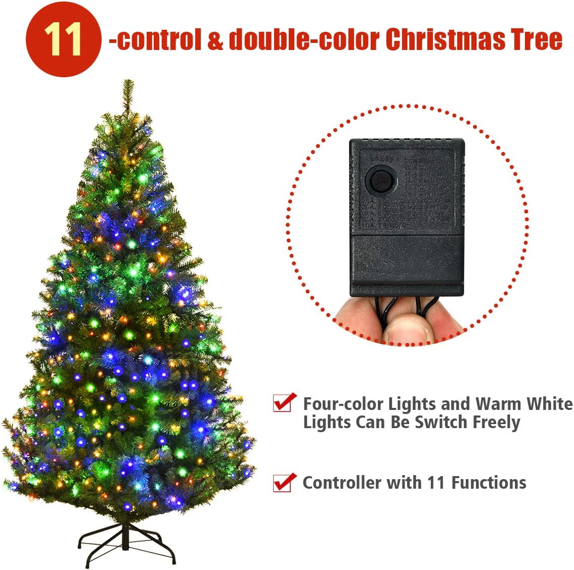 Pre-Lit Artificial Christmas Tree with Multicolored 150 LED Lights and Metal Stand