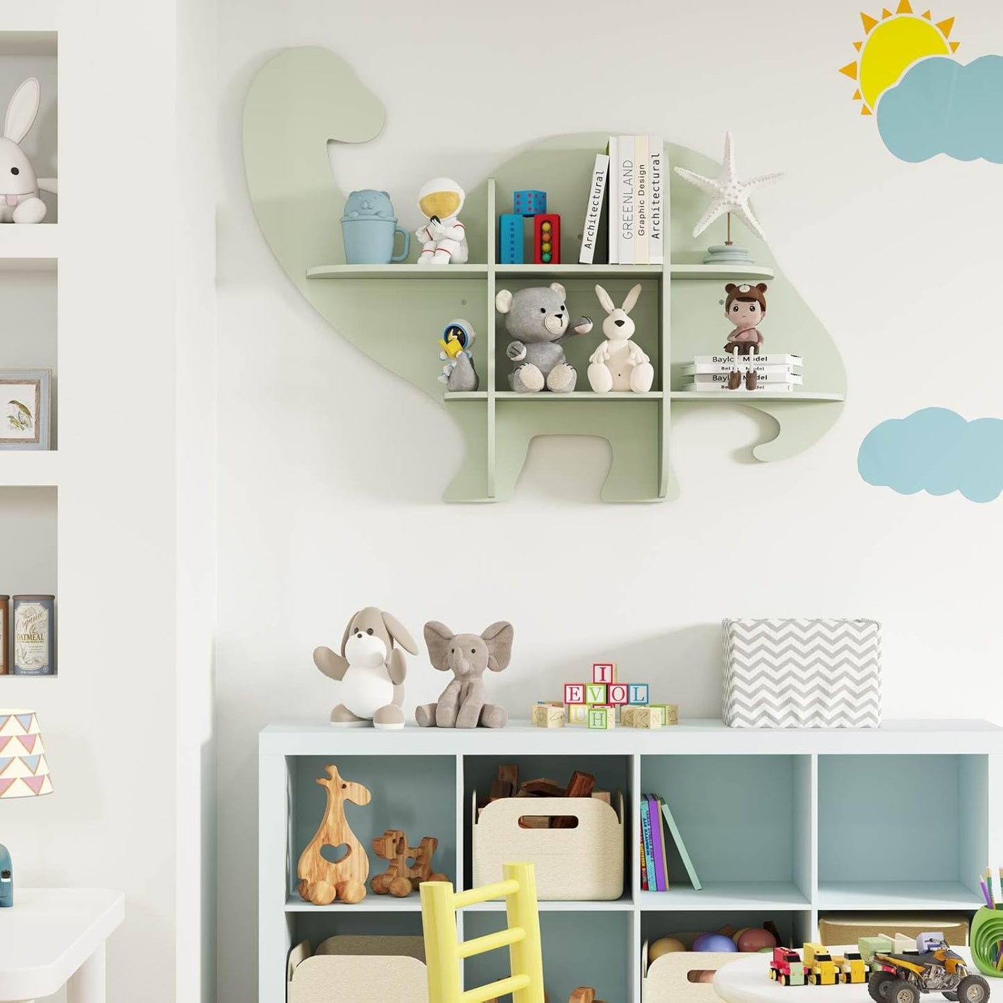 Floating Dinosaur Kids Bookshelf 2-Tier Wood Hanging Bookcase