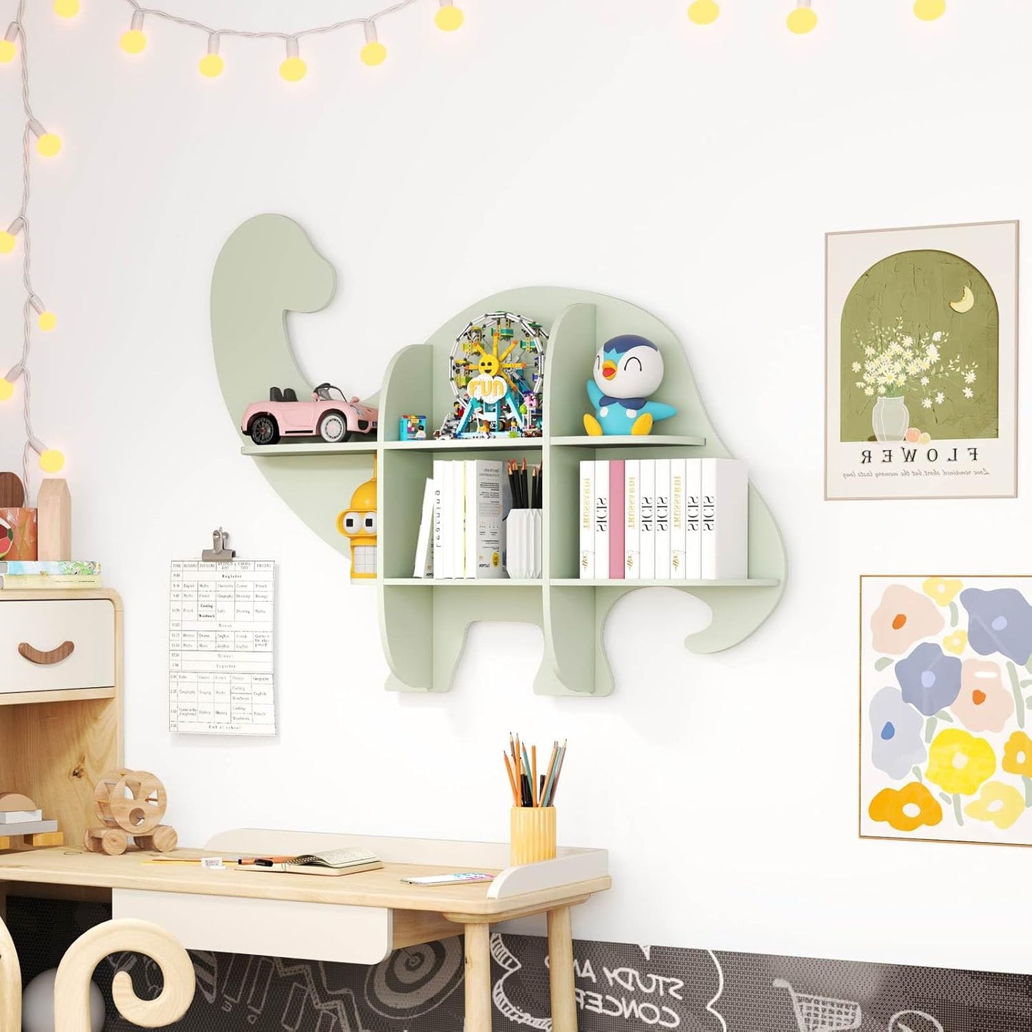 Floating Dinosaur Kids Bookshelf 2-Tier Wood Hanging Bookcase