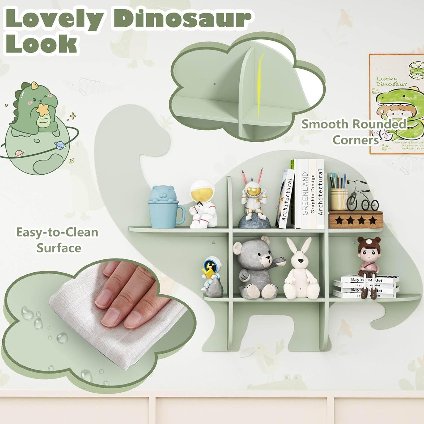 Floating Dinosaur Kids Bookshelf 2-Tier Wood Hanging Bookcase