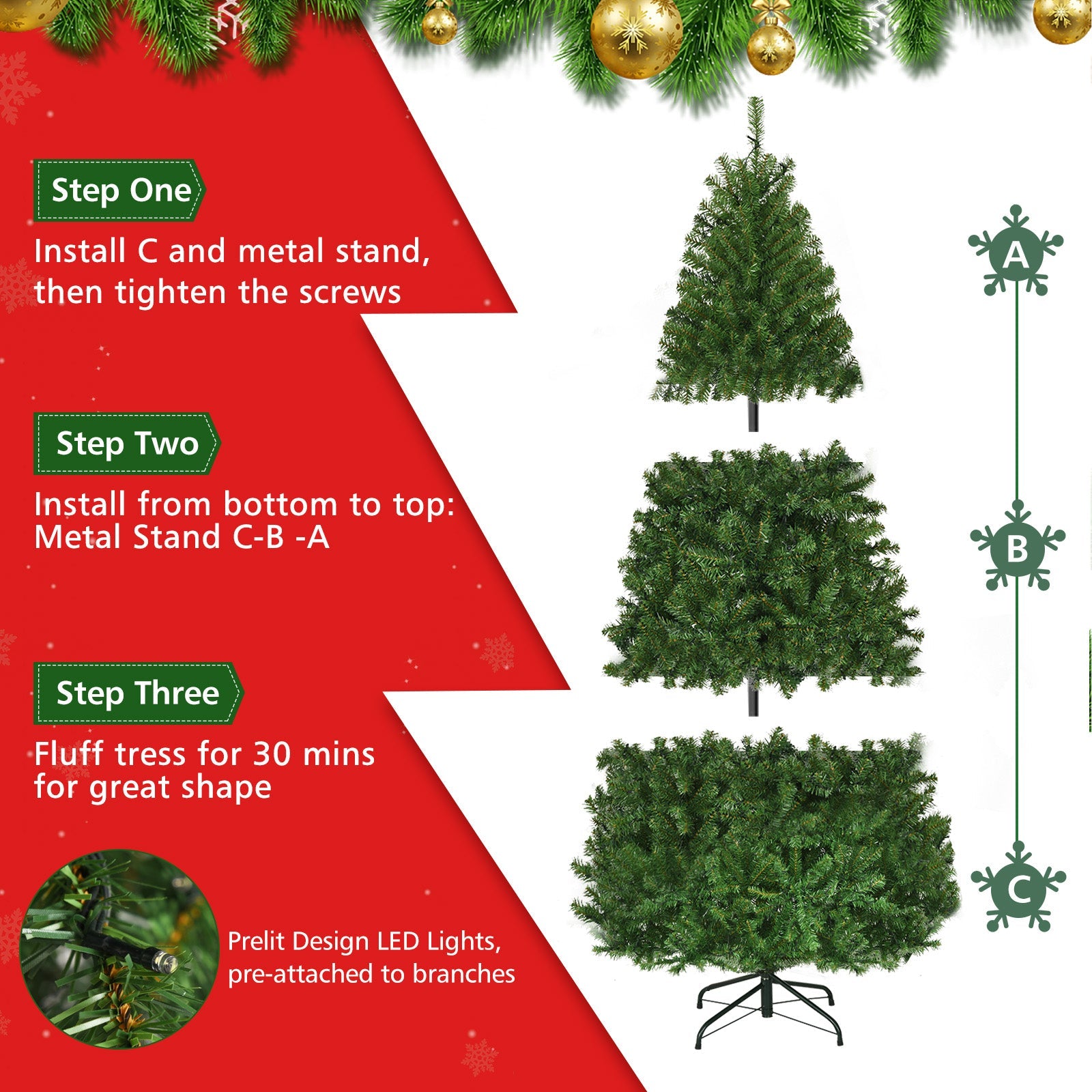 Pre-Lit Artificial Christmas Tree with Multicolored 150 LED Lights and Metal Stand