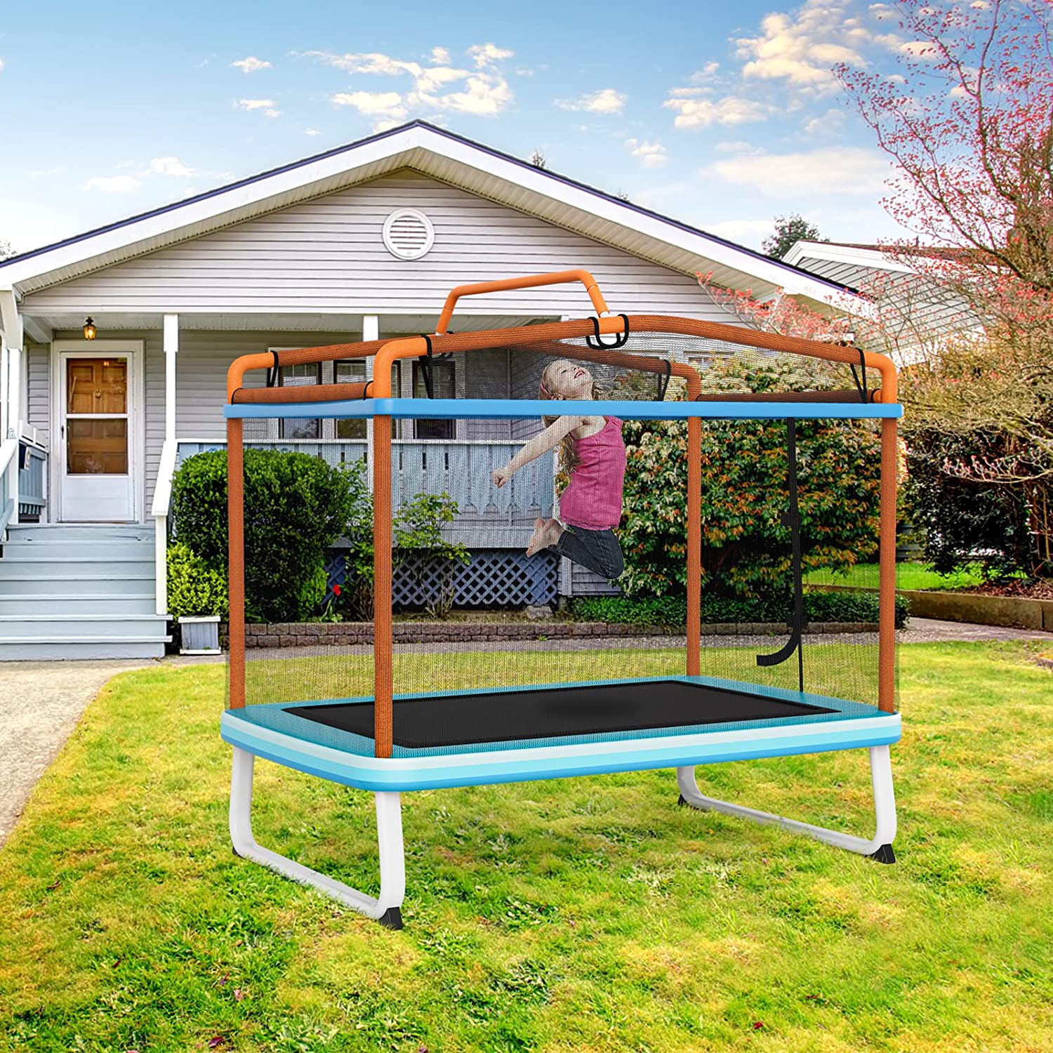 6FT Kids Trampoline 3-in-1 Mini Toddler Rectangle Trampoline with Enclosure Safety Net Seamless Spring Cover