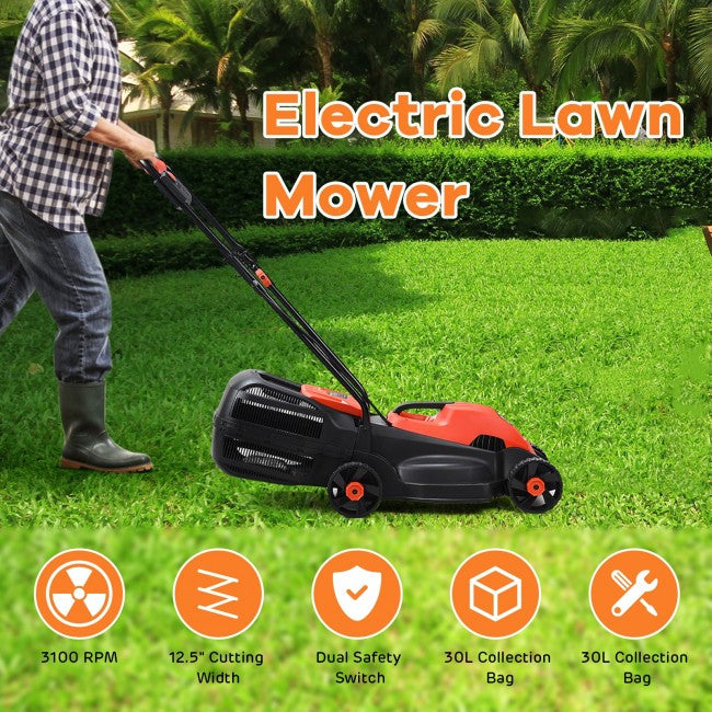 14" 12 Amp Folding Corded Electric Push Lawn Mower with Grass Bag