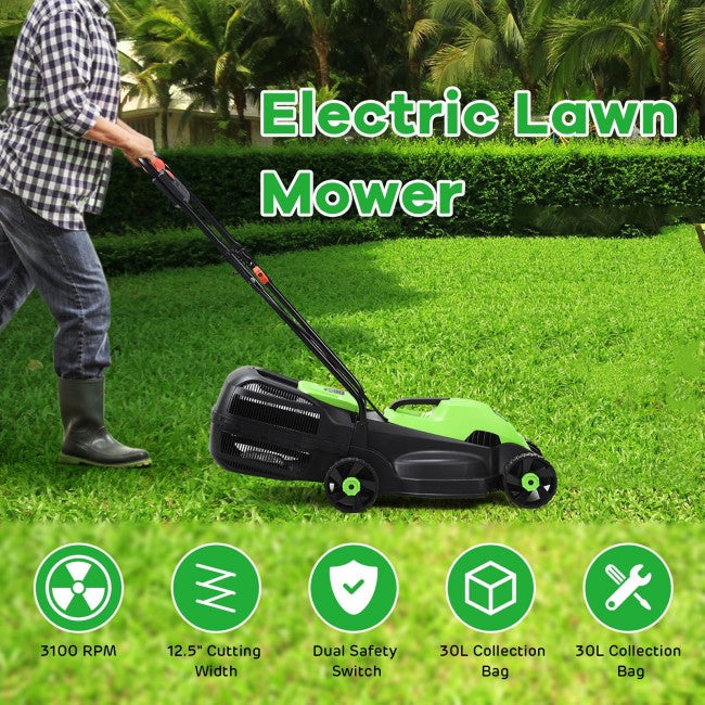 14" 12 Amp Folding Corded Electric Push Lawn Mower with Grass Bag