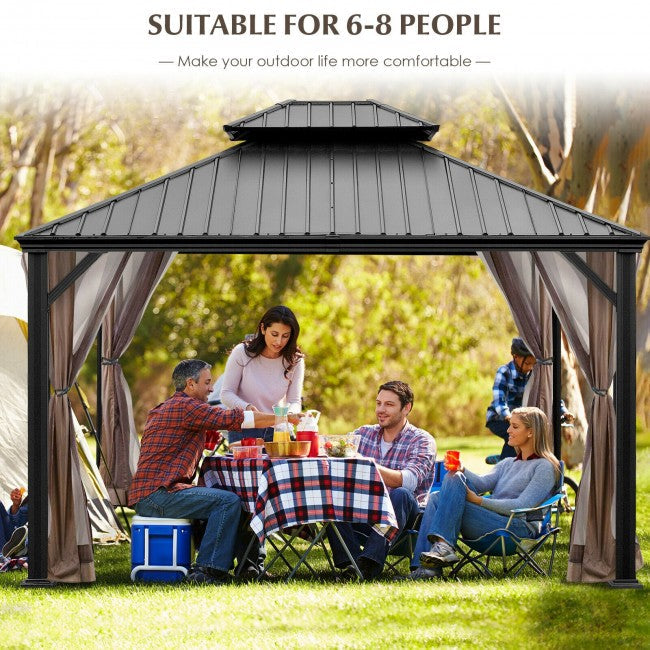 12' x 10' Outdoor Hardtop Gazebo Patio Galvanized Steel Pergolas Canopy Pavilion with Double Roof and Netting