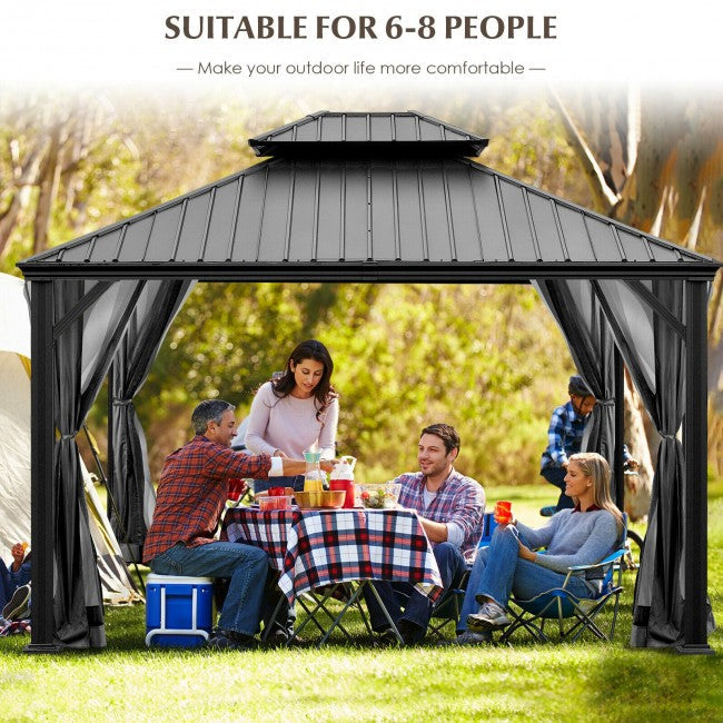 12' x 10' Outdoor Hardtop Gazebo Patio Galvanized Steel Pergolas Canopy Pavilion with Double Roof and Netting