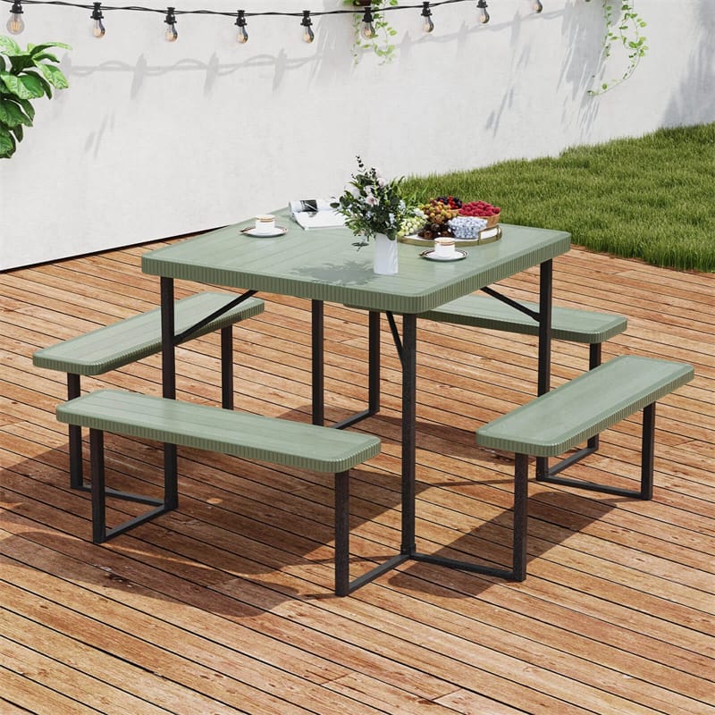 4-8 Person Outdoor Picnic Table Bench Set, All-Weather HDPE Square Din