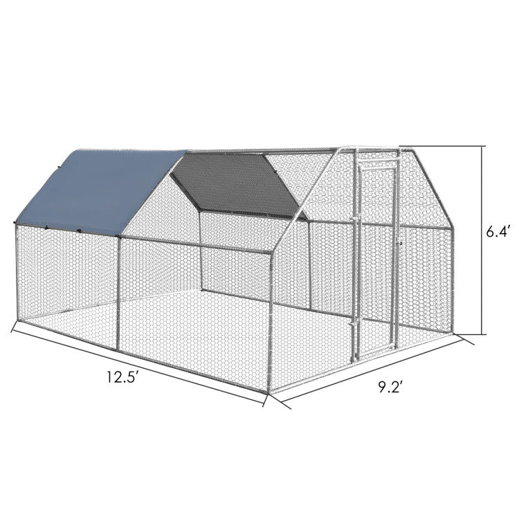 9.5 x 12.5 Feet Outdoor Walk-in Chicken Coop Large Metal Poultry Cage Hen House with Waterproof and Anti-UV Cover