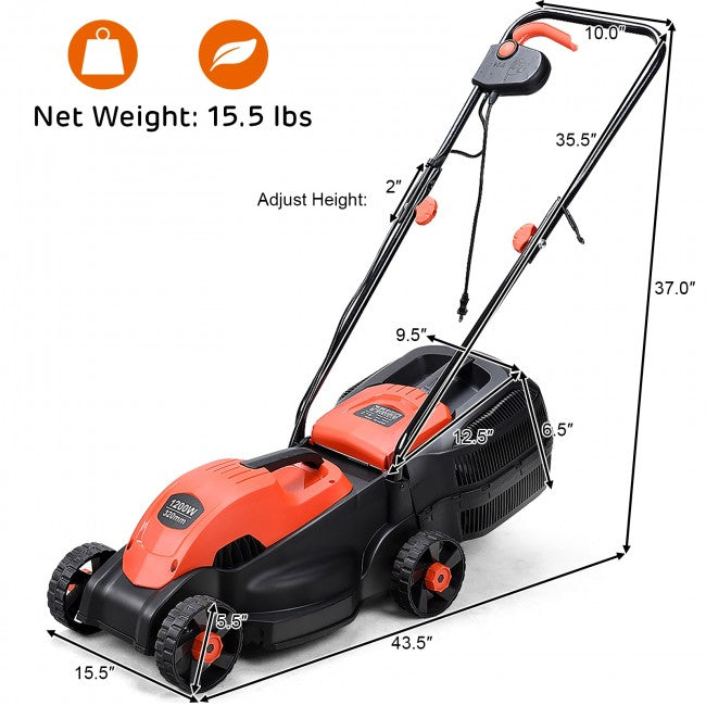 14" 12 Amp Folding Corded Electric Push Lawn Mower with Grass Bag