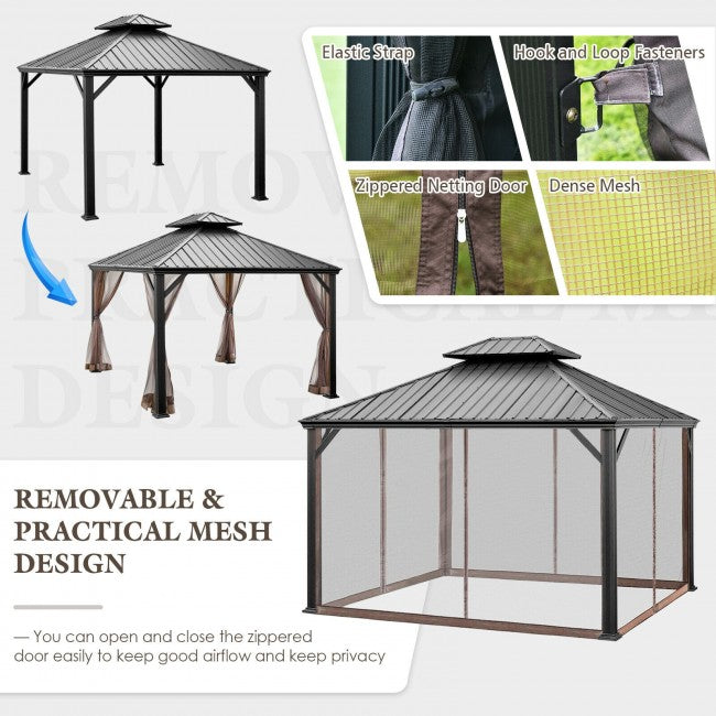 12' x 10' Outdoor Hardtop Gazebo Patio Galvanized Steel Pergolas Canopy Pavilion with Double Roof and Netting