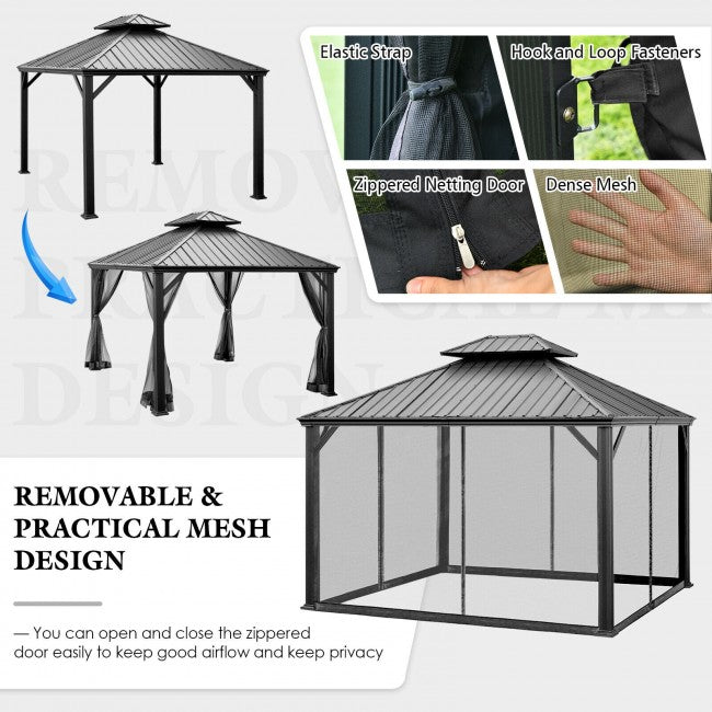 12' x 10' Outdoor Hardtop Gazebo Patio Galvanized Steel Pergolas Canopy Pavilion with Double Roof and Netting