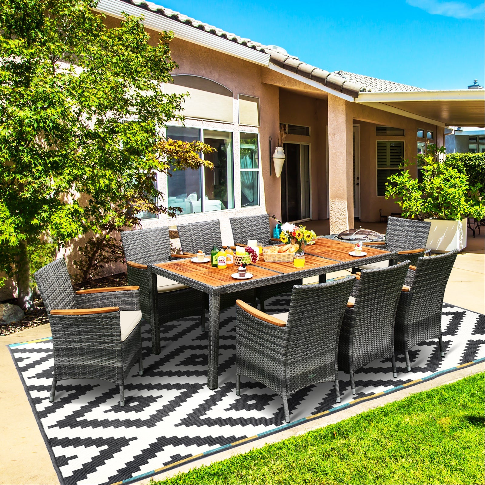 9 Pieces Outdoor Rattan Dining Set Patio Furniture Set with Cushioned Chairs and Table