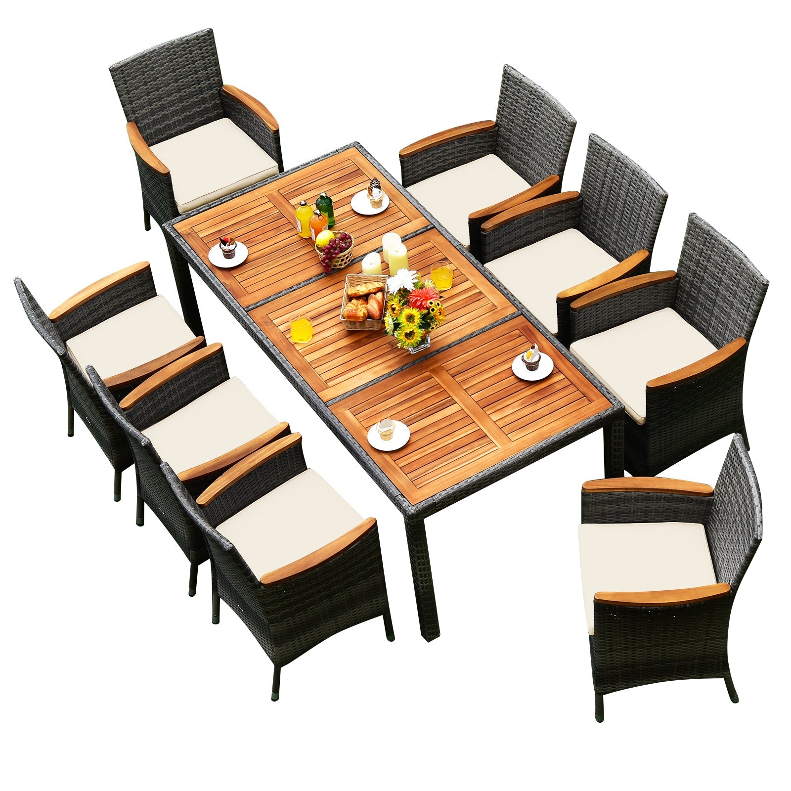 9 Pieces Outdoor Rattan Dining Set Patio Furniture Set with Cushioned Chairs and Table