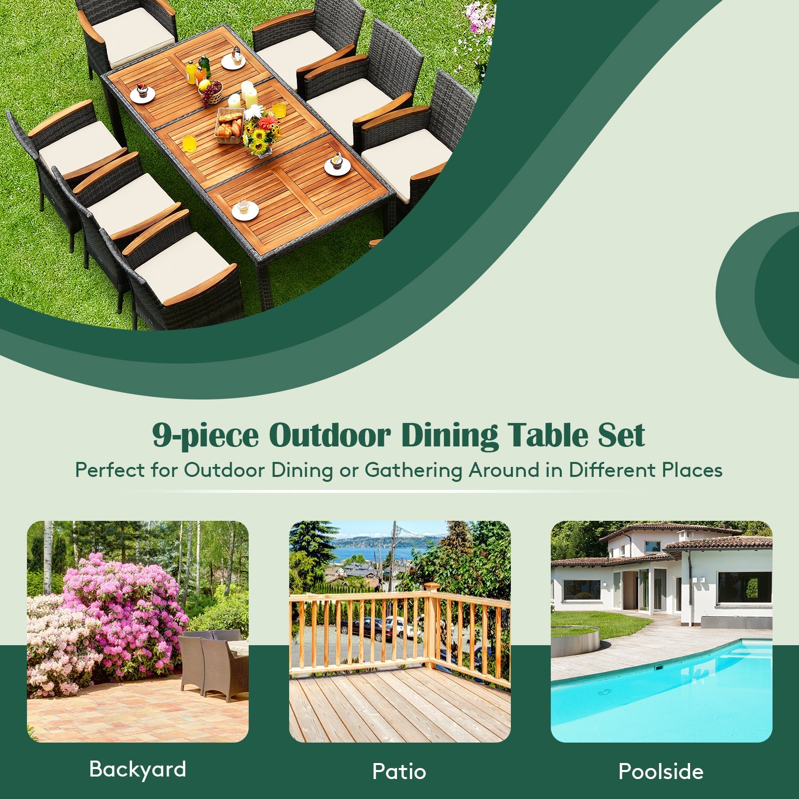 9 Pieces Outdoor Rattan Dining Set Patio Furniture Set with Cushioned Chairs and Table