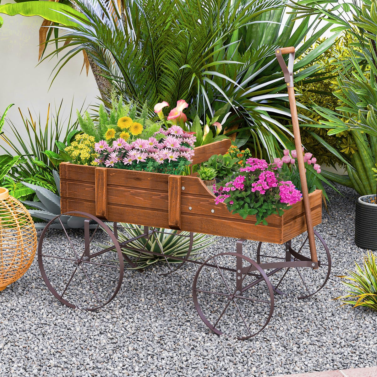 24.5" x 13.5" x 24" Wooden Wagon Planter, Decorative Garden Planter with 2 Planting Sections, Wheels, Handle, Small Decorated Cart