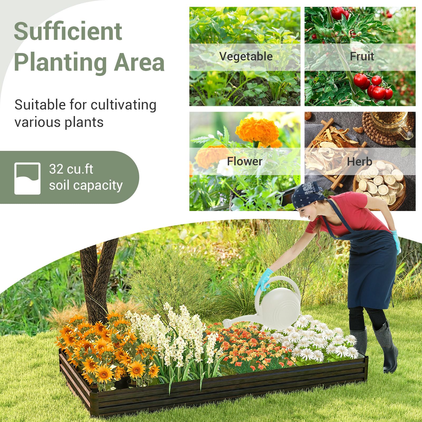 Metal Raised Garden Bed with Open-Ended Base, 8x4x1 FT Large Outdoor Metal Planter Box for Vegetable Fruit Herb Flower