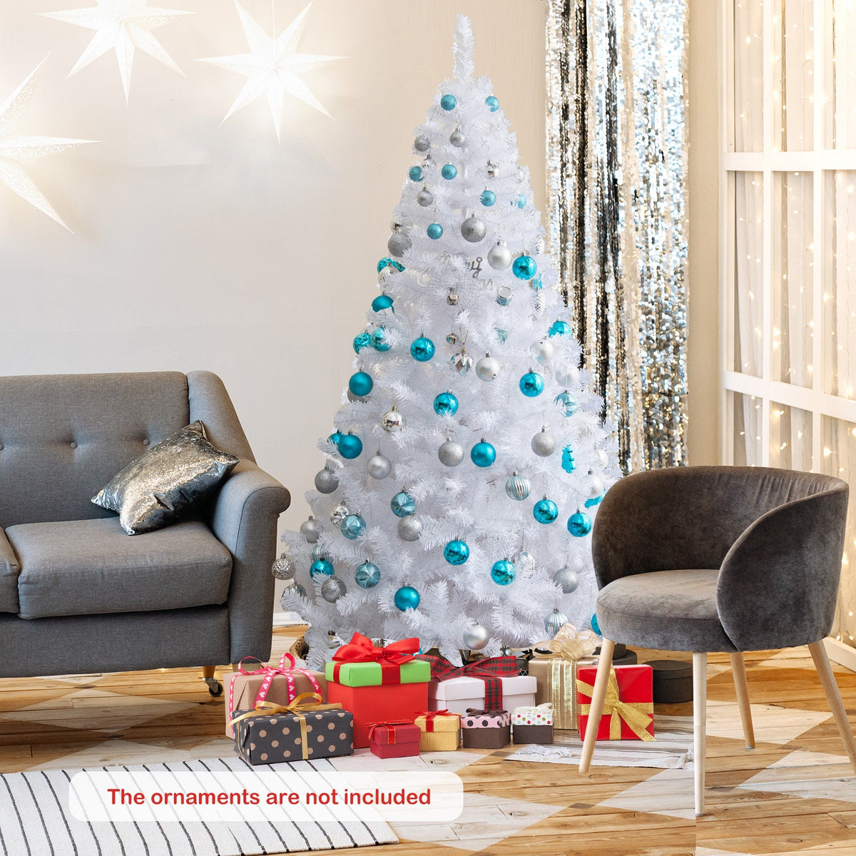White Christmas Tree, Artificial Xmas Decoration Tree with 650 PVC Branch Tips & Metal Stand