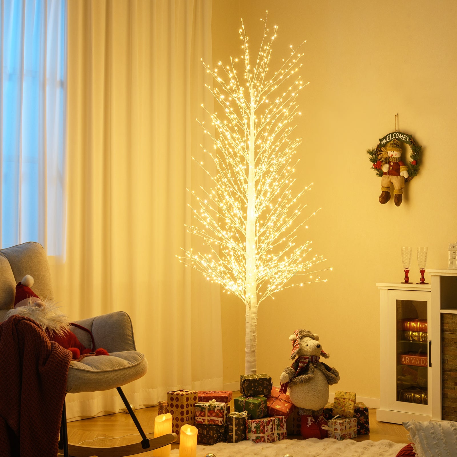 210 CM LED Lighted White Twig Tree, Birch Tree w/ 1008 Steady on Lights &144 Twinkle Star Lights for Indoor Outdoor